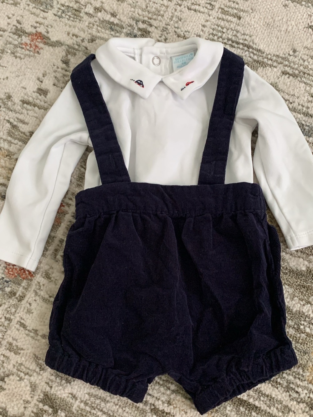 Edgehill Collection White Top with Navy Blue Suspender Shorts